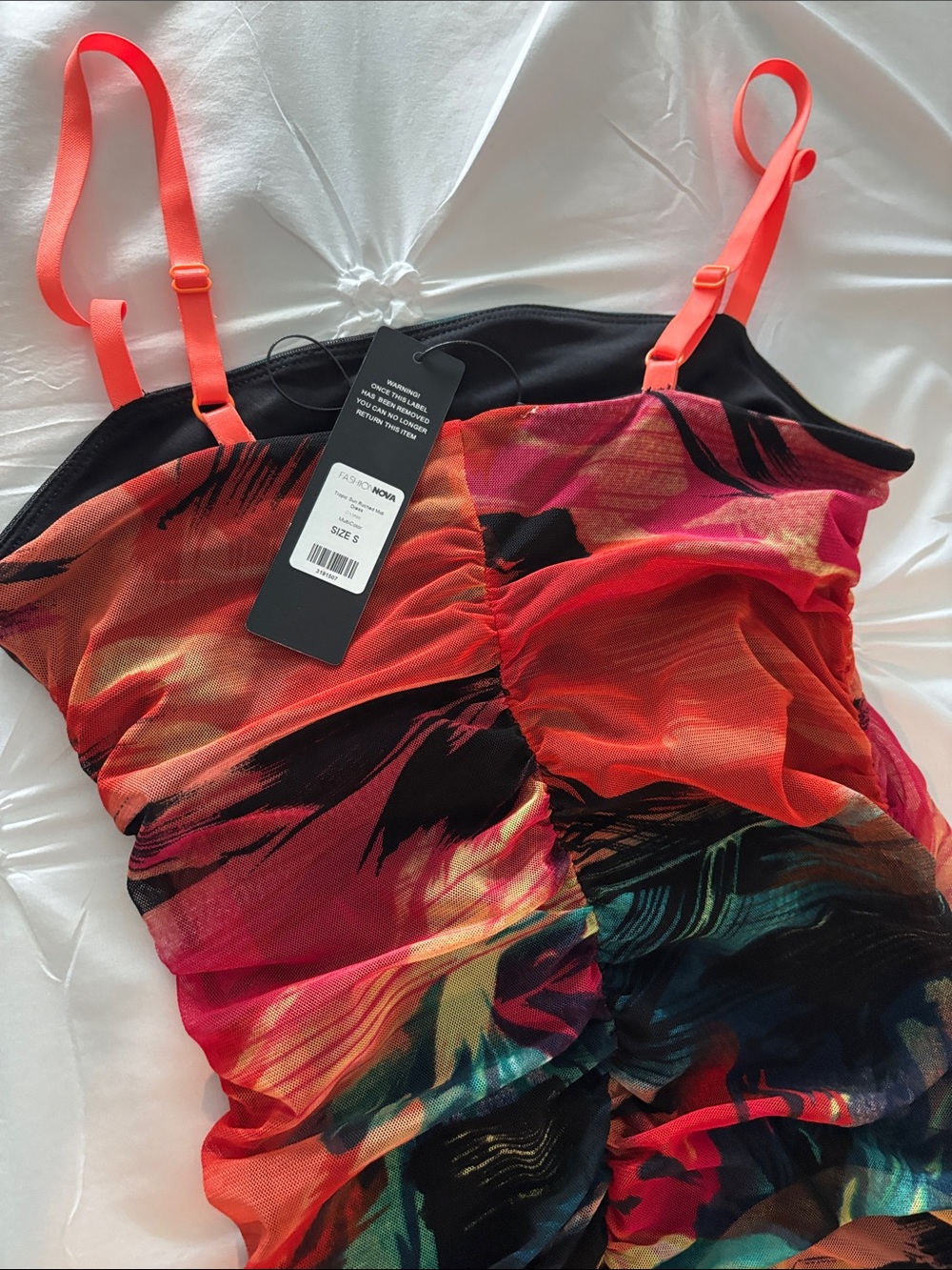 Fashion Nova Neon Orange Multi-Color Printed Ruched Slip